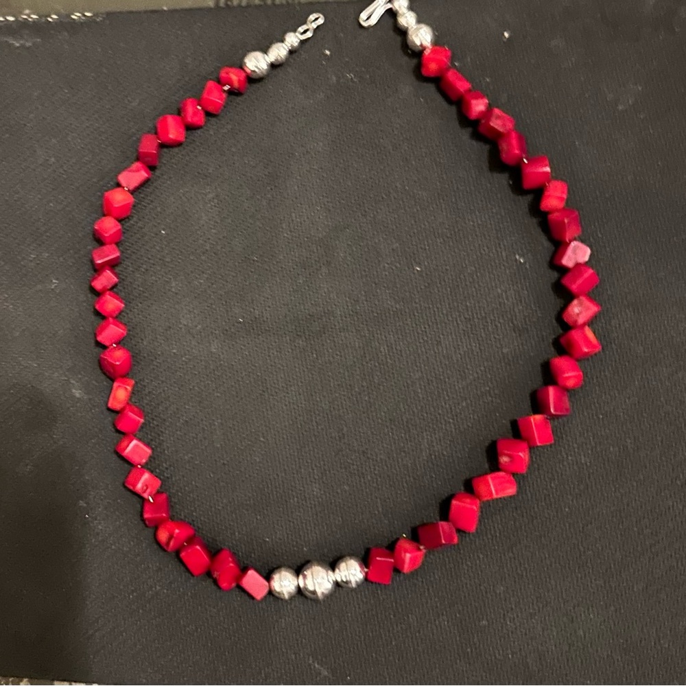 Hand Crafted “One of a Kind” Red Coral Cubes & Sterling Silver Necklace.